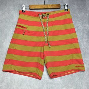 Patagonia Mens Swim Trunks Shorts size 28 Nylon Red Gold Stripe Zipper Pocket
